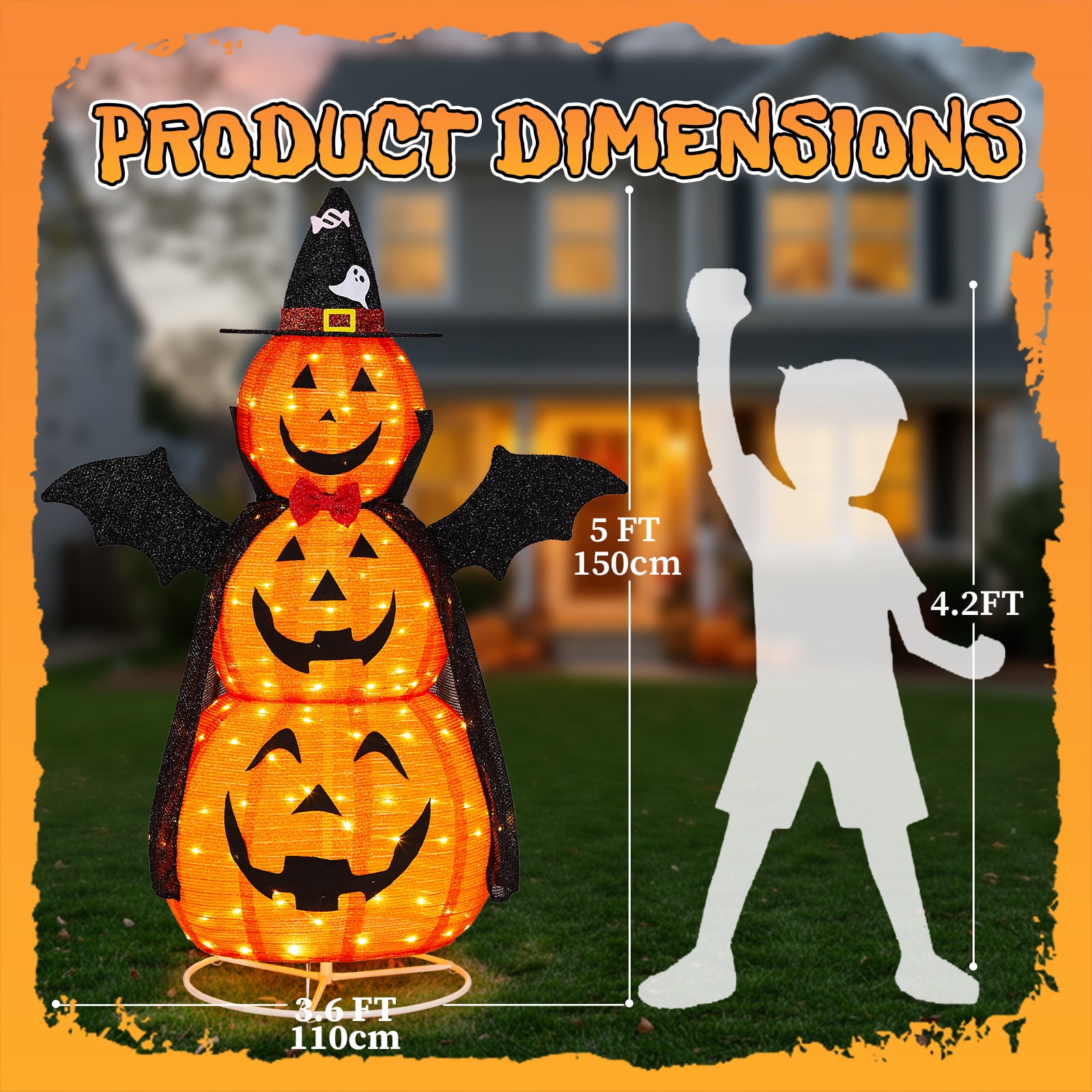 5ft Orange 3-Tier Retractable Fabric Pumpkin with 130 LED Lights for Halloween