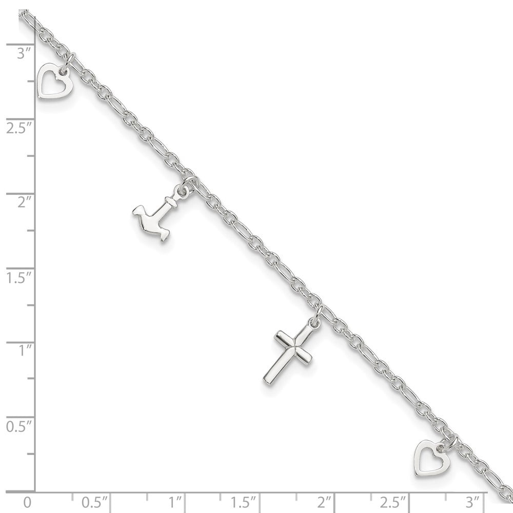Auriga 925 Sterling Silver Cross Heart and Anchor Anklet 10inch for Women