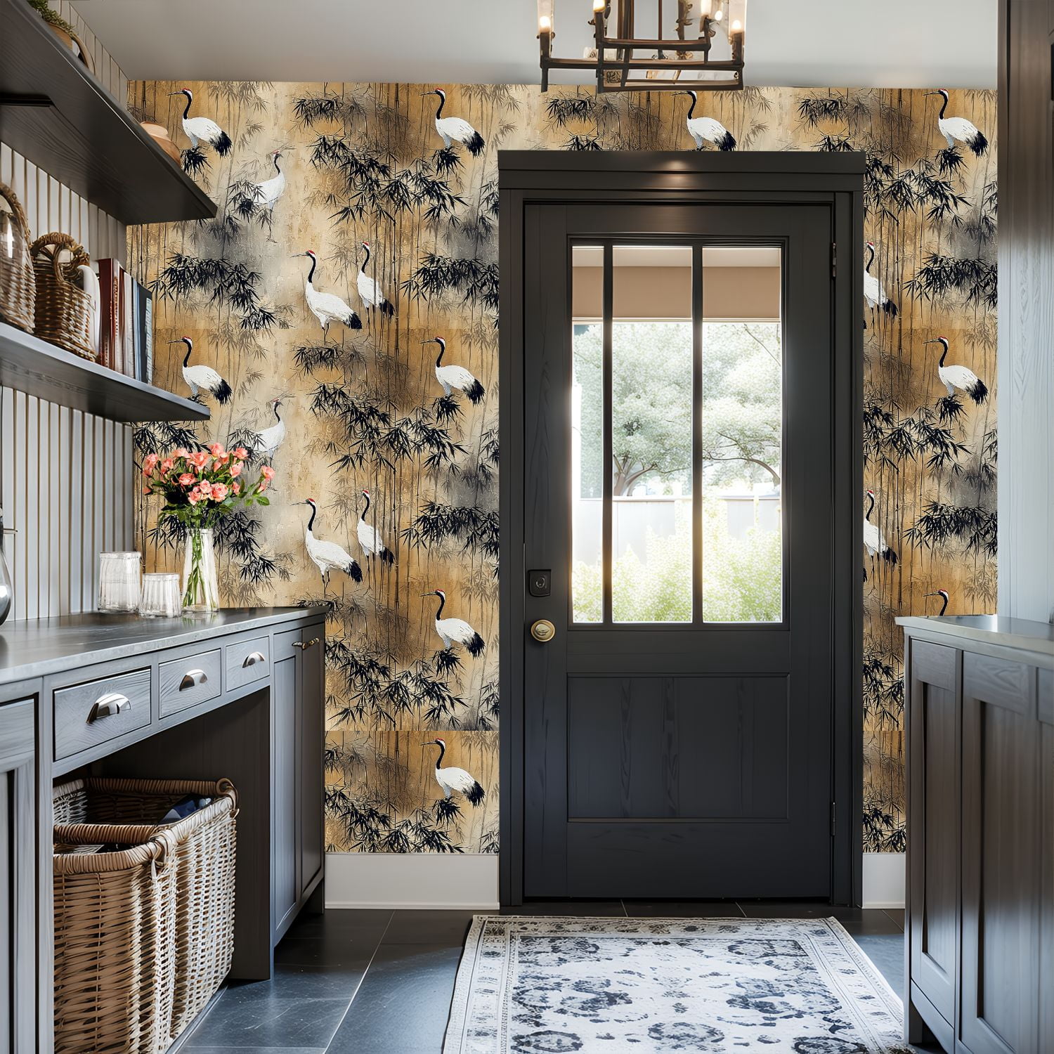 Peel and Stick Wallpaper Elegant Crane Birds Bamboo Forest Soft Earth Tones Wall Mural 17.7in x 9.8ft Self Adhesive Removable Wall Paper Renter Friendly Wallpaper for Nursery Bedroom Cabinets
