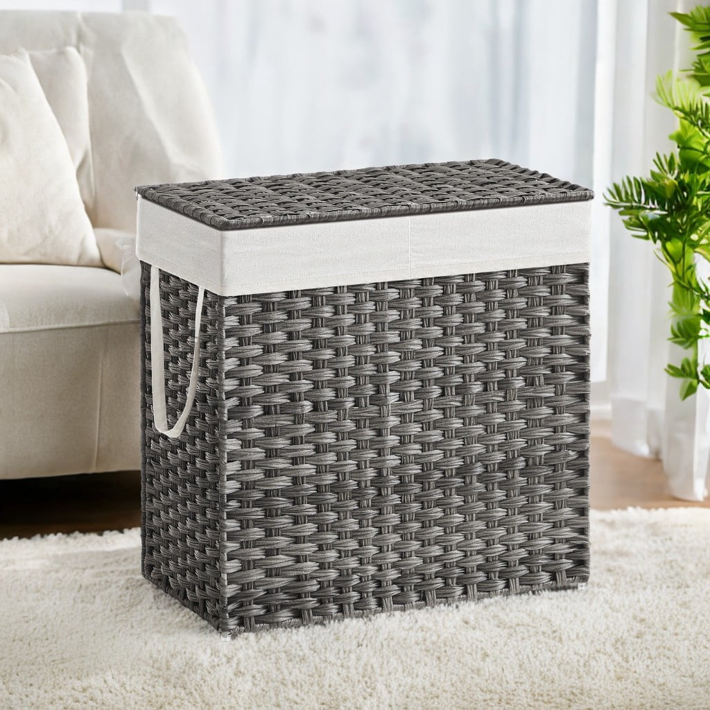 130L Double Laundry Hamper with Lid Clothes Hamper with 2 Removable Liner Bags and 6 Mesh Bags Laundry Storage for Laundry Room Gray