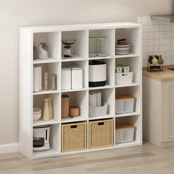 Furinno Simple Open Back Cube Storage Organizer, Standing Shelf, 16-Cube, White