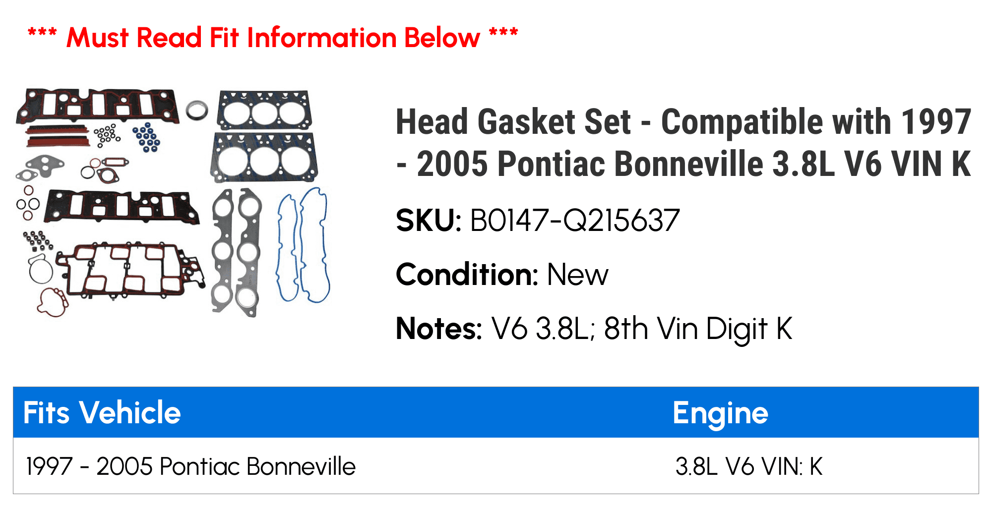 Head Gasket Set - Compatible with 1997 - 2005 Pontiac Bonneville 3.8L V6 VIN K 1998 1999 2000 2001 2002 2003 2004