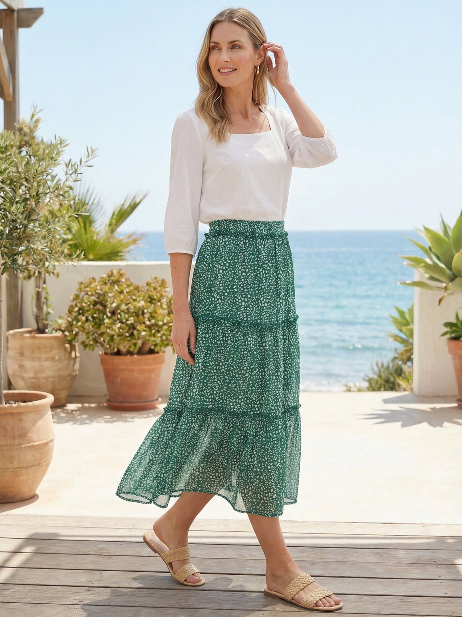 DARING DIVA Women's Midi Elastic A-Line Ruffle Flowy Skirts X-Large Green