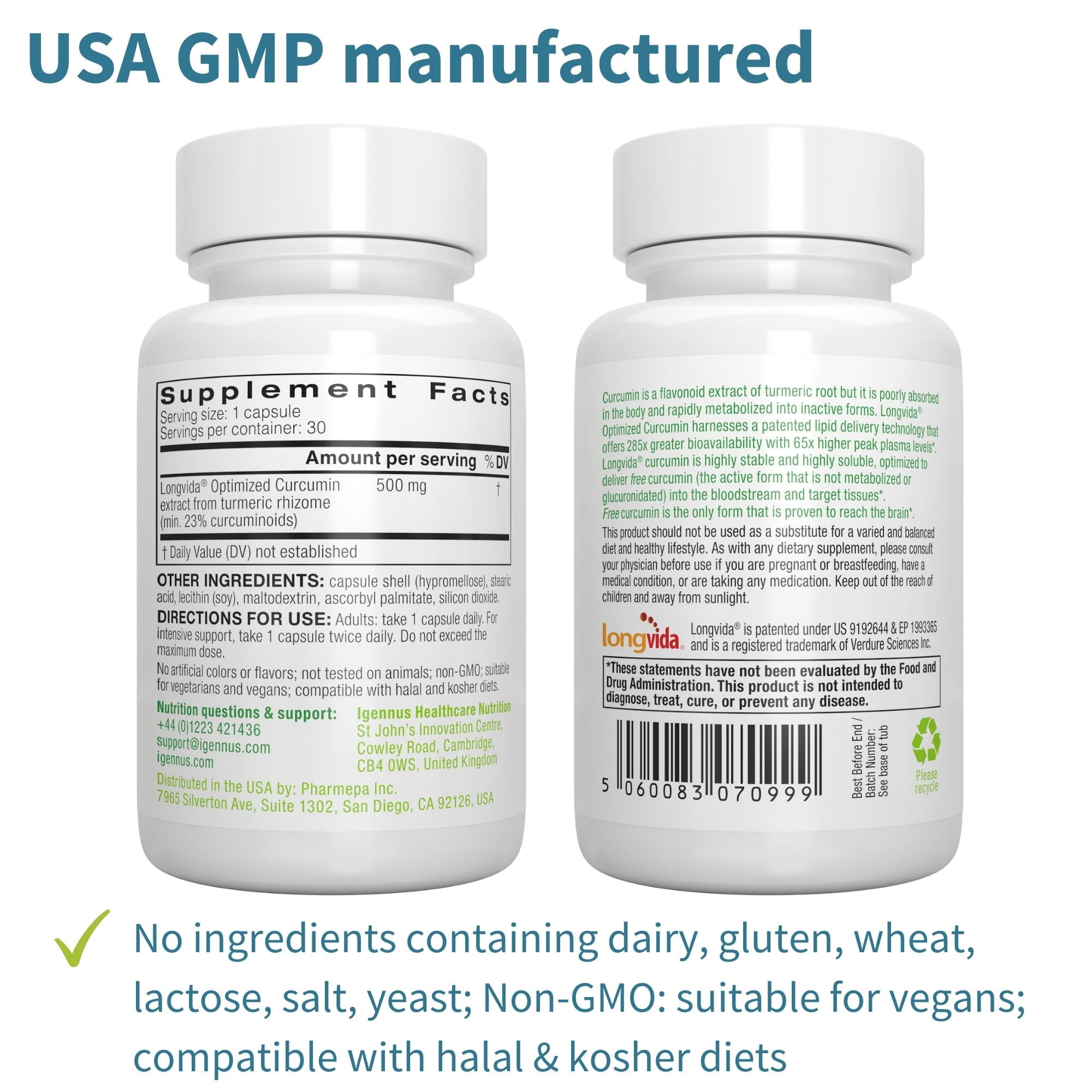 Igennus Longvida Curcumin 500mg, Ultra Bioavailable, Vegan, 30 Capsules