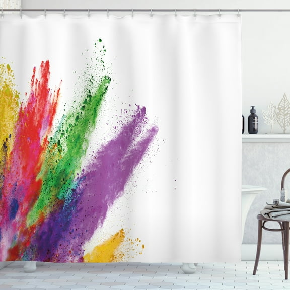 Colorful Shower Curtain, Colored Powder Splash Like Illustration on Plain Background Art Print, Fabric Bathroom Set with Hooks, 69W X 70L Inches, White and Multicolor, by Ambesonne