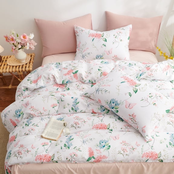 3 Pieces French Garden Botanical Rose Pink Floral Butterfly King Duvet Cover Vintage Style Soft Cotton Garden Floral Aesthetic Bedding Set
