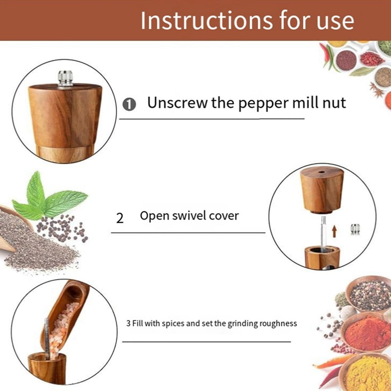 Pepper Mill Wood Salt and Pepper Mill Manual Salt Mill Spice Mill with Adjustable Ceramic Grinder for Pepper Salt Spices