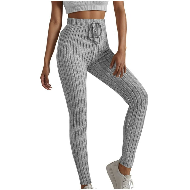 Lovskoo Women Solid Color Ribbed Knit Leggings Elastic Waist