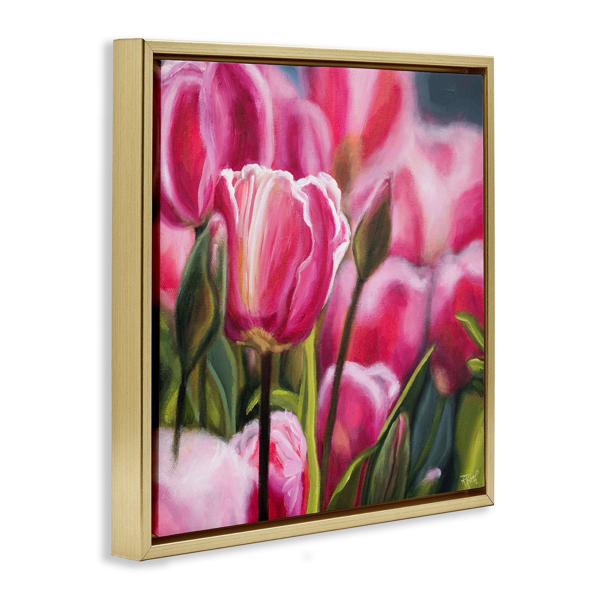 Stupell Industries Pink Tulips Garden Plants & Flowers Painting Gold Floater Framed Canvas Art Print Wall Art, 18 x 18