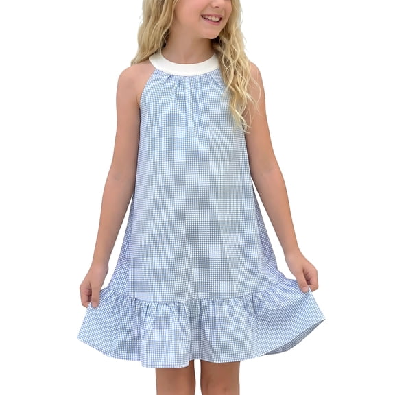 INSPIRE CHIC Girls Gingham Halter Dress Sleeveless Cotton A-Line Sundress with Ruffle Hem Casual Summer Beach Outfit 6 Years Blue