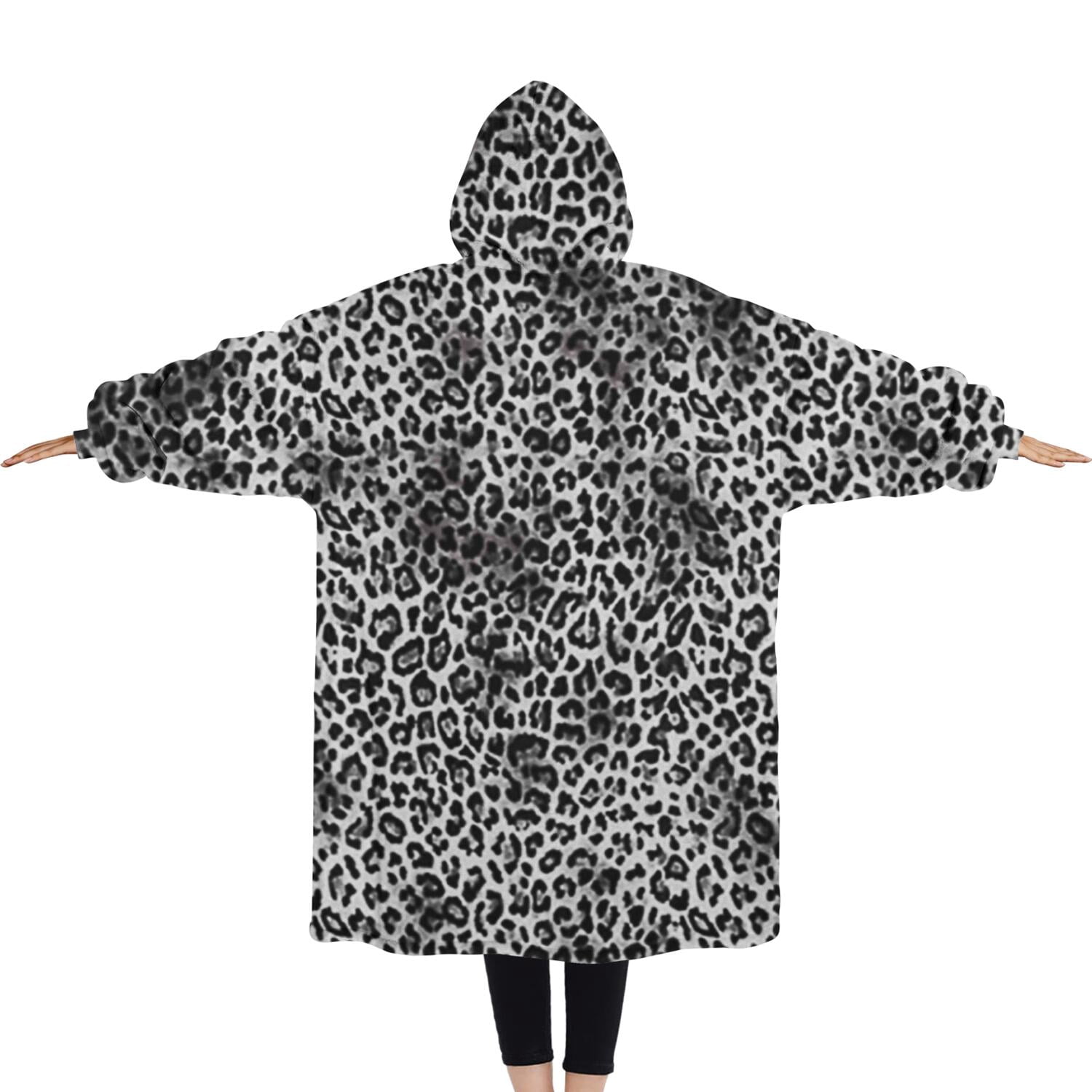 Oversized Wearable Blanket Hoodie,Black and Tan Leopard Print Sherpa Blanket Hoodie with Super Pockets,Super Warm Fuzzy Pullover for Women & Men