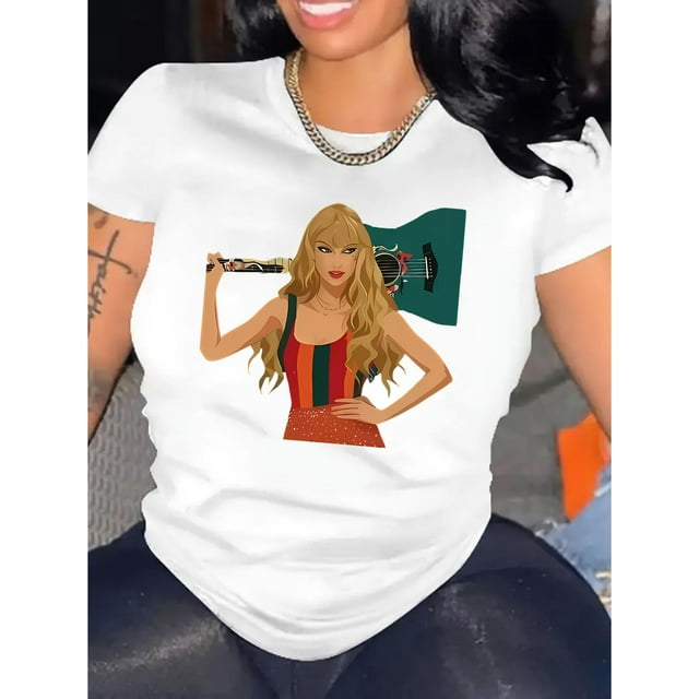 Women's Fashion Guitar Girl Print T-Shirt, Casual Crew Neck Short Sleeve Top, Polyester 95% Spandex 5% Knit Fabric, Medium Stretch, All Season Comfort Fit