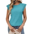 thumbnail image 2 of Women'S Tops Casual Crewneck Cap Sleeve Shirts Crochet Knit Texture Tank Top Blouses Turquoise Blue L, 2 of 9