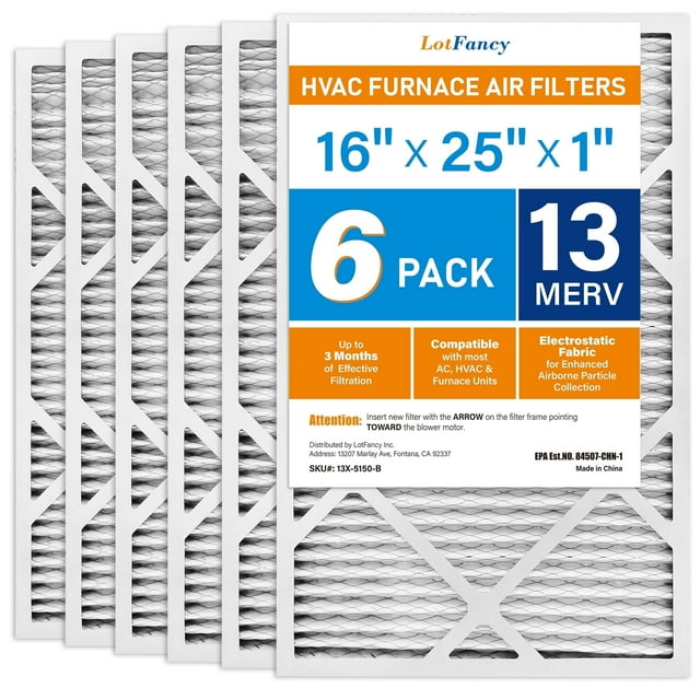LotFancy Filtros de Aire 16x25x1, Filtros de Aire para Horno HVAC AC Plisados MERV 13, Paquete de 6