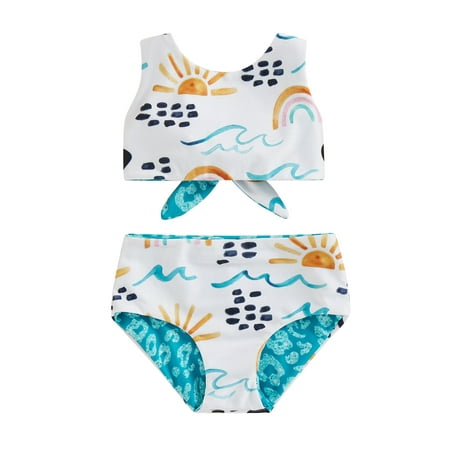 

Toddler Girl Two Piece Swimsuits Sleeveless Cartoon Print Knot Back Tops + Bikini Bottom Set Swimwear Bathing Suit