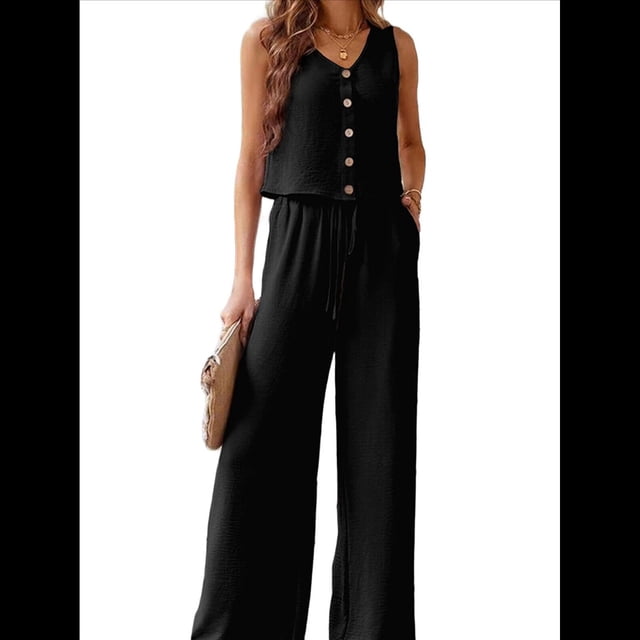 Conjunto de Dos Piezas para Mujer, 2025, Sin Mangas, con Botones, Informal, con Bolsillo y Pantalones Anchos. Negro XL