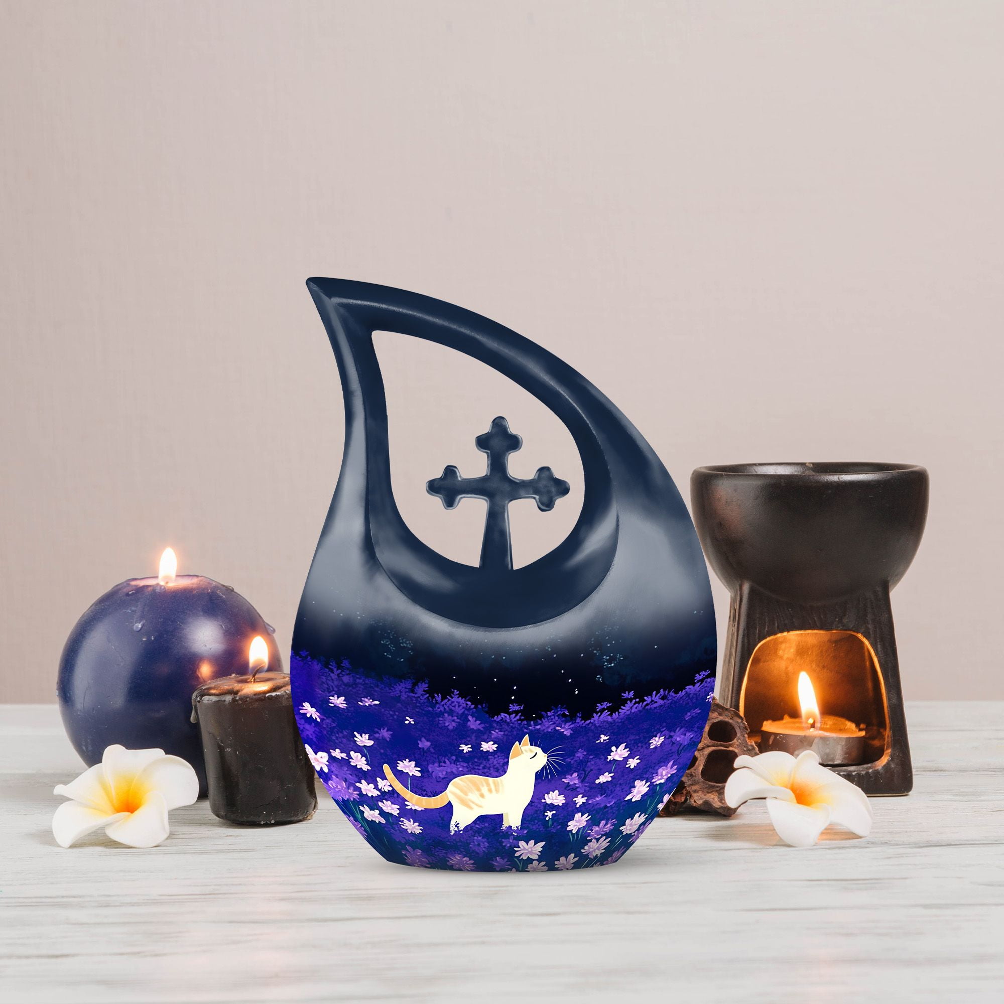 MUKTIVE White Cat Cremation Urn for Human Ashes Adult Mother & Father - Blue Cross Drop Urns for Burial - Memorial Flowers Large Urn for Men & Women (10 Inch)
