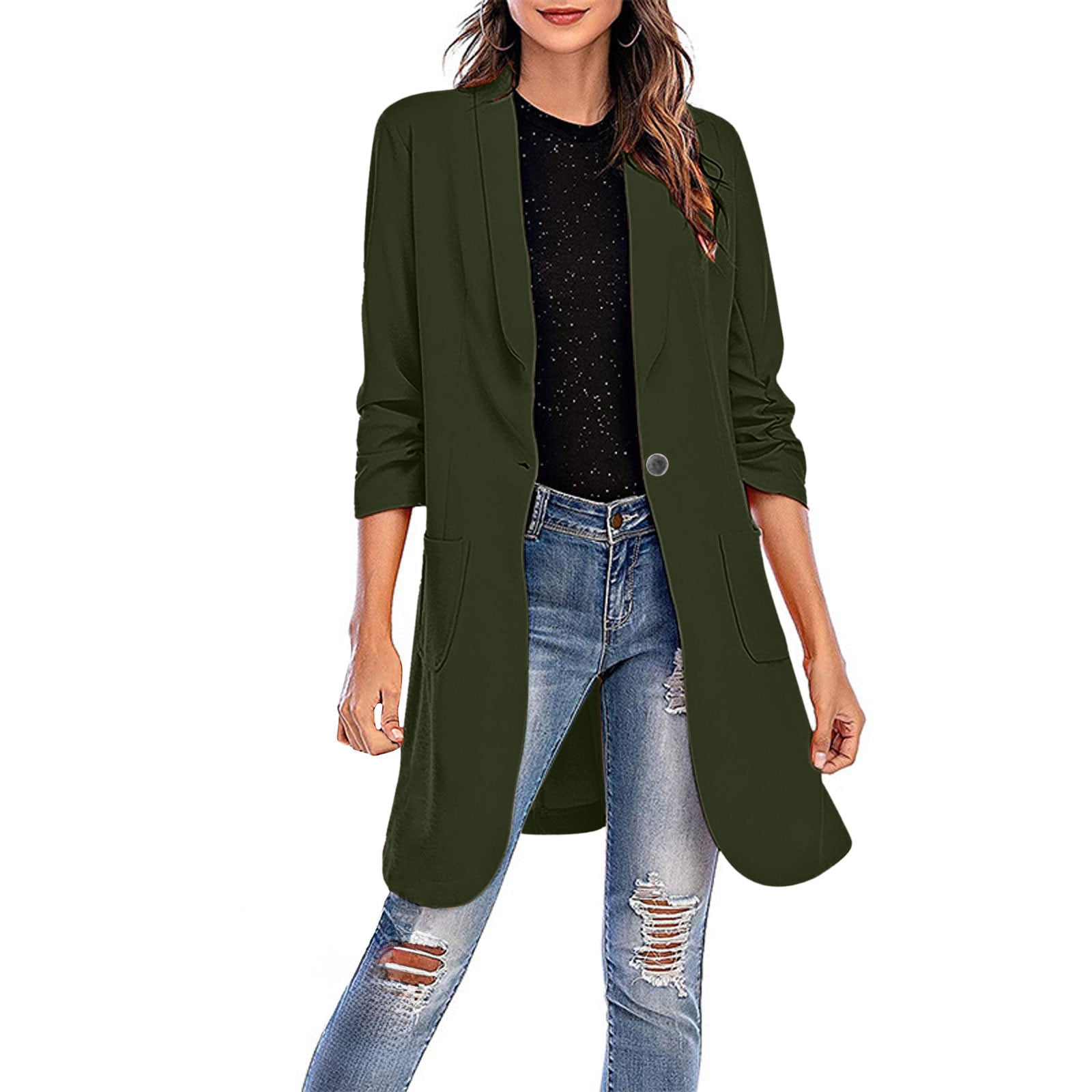 Olyvenn Women's Casual Blazer Jackets Suit Solid With Pokets Colored Long  Sleeve For Business Office Work Office Jacket Suit Business Hoodless Scuba  Blazer Army Green 6 