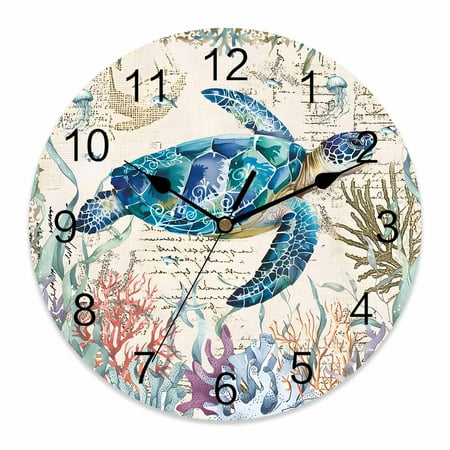 Wall Clock Sea Turtle Clocks PVC Silent Non-Ticking Battery Operated Decorative Vintage Ocean Coral Seagrass Round Clock for Home Living Room Kitchen Bedroom Office School Wall Decor 14 Inch