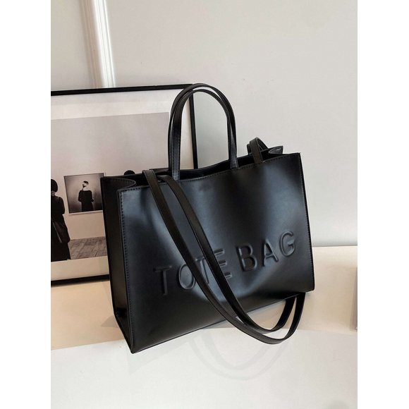 Large Capacity Fashionable Tote Bag With Letter Print Fashion Solid Color Simple Crossbody Bag Women Casual Handbag Shoulder Bag Black