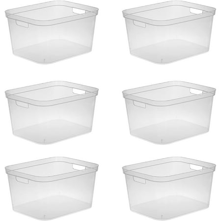 

WBTAYB 8.25x12.25x15 Inch Modern Polished Storage Bin w/Comfortable Carry Through Handles & Banded Rim for Household Organization Clear (6 Pack)