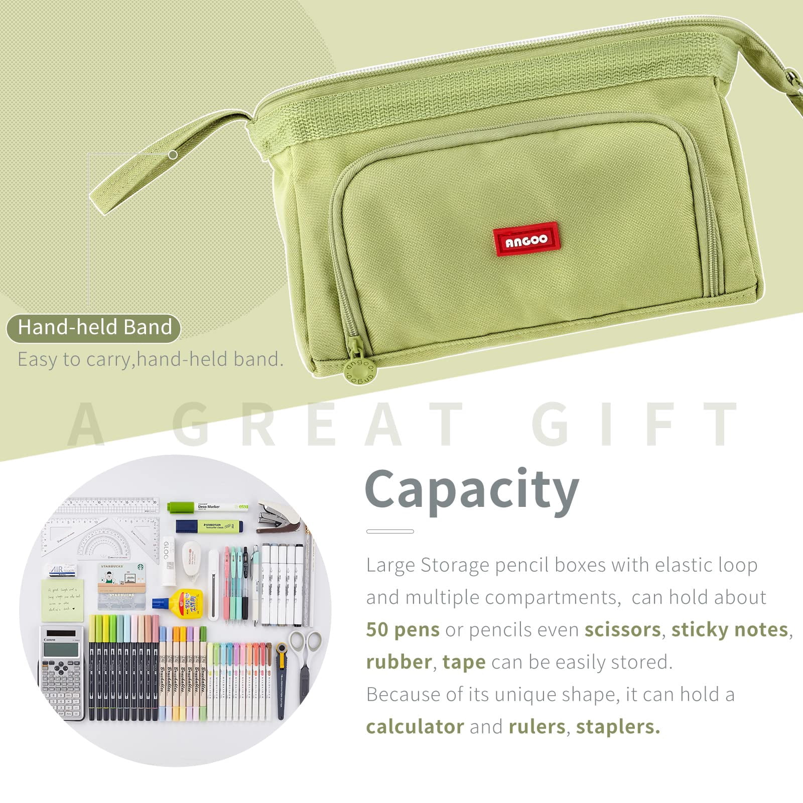 OBOSOE Pencil Case Large Capacity Pencil Pouch Handheld Pen Bag Cosmetic Portable Gift for Office Men Women Adult (Green)