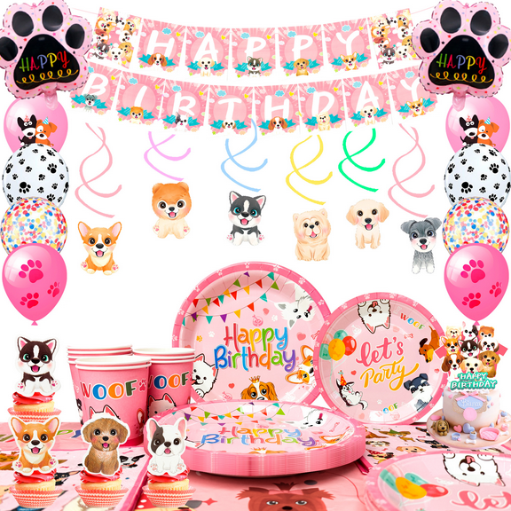 Puppy Birthday Decorations,161pcs Puppy Party Decorations & Pink Dog Tableware Set- Pink Puppy Plates Cups Napkins & Dog Birthday Banner Balloons Cupcake Toppers etc Dog Birthday Party Supplies