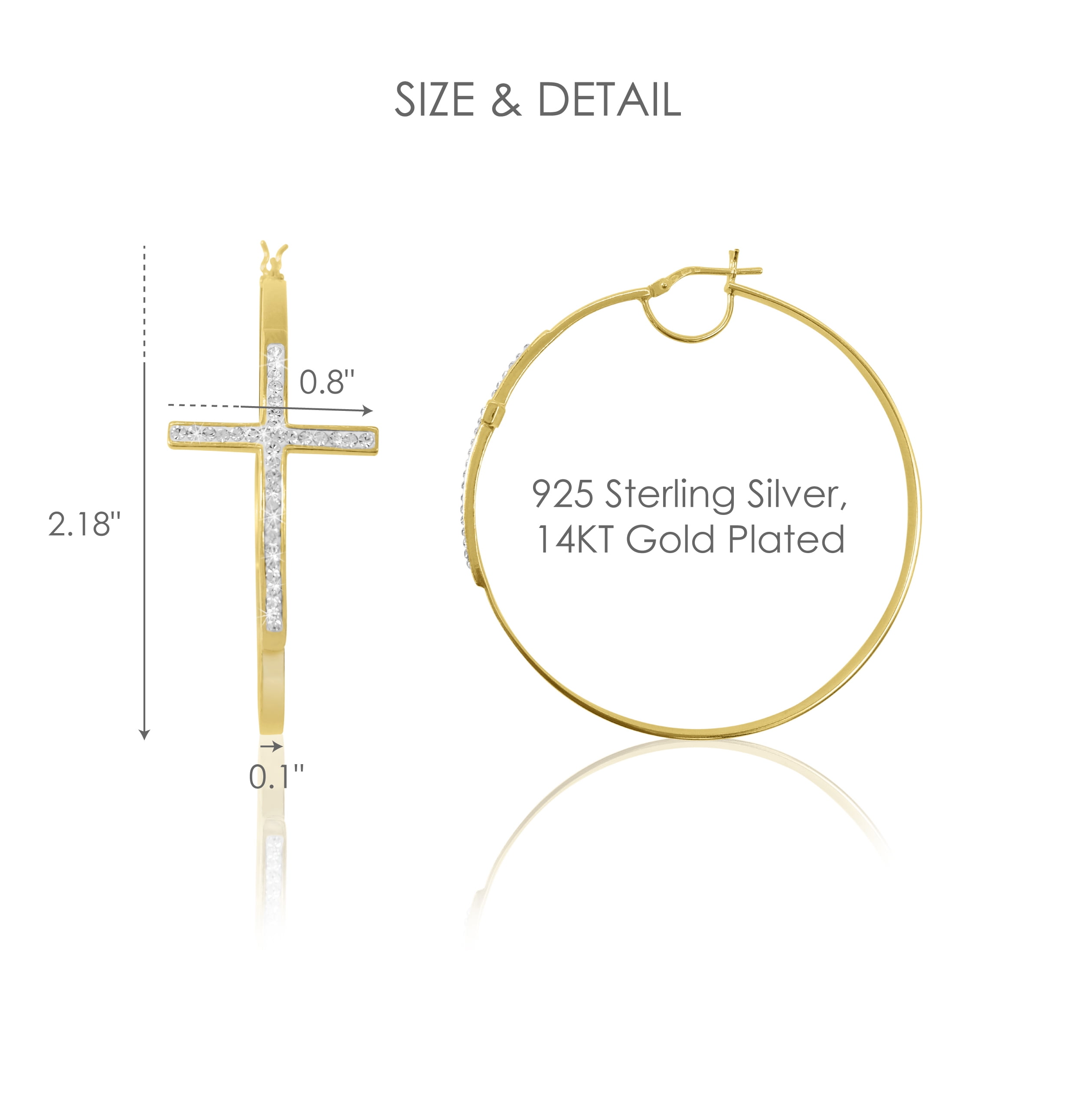 Brilliance Fine Jewelry Women's 14K Gold Plated Sterling Silver Crystal Cross Round Hoop Adults Earring