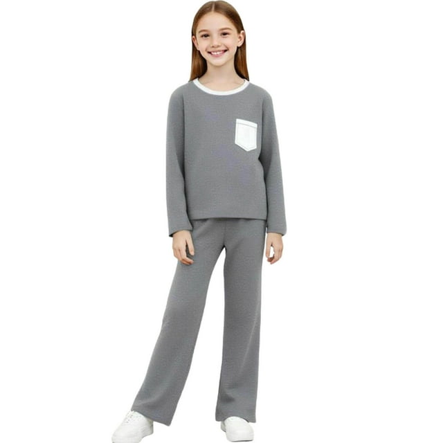 Gray Boy Girl Children Boy Girl Tops T Shirts Pants Loungewear 2PC Sets for Child Matching Crochet Two Piece Knit Straight Leg Basic Long Leg Winter Fall Pants 2PC Sets 2025 2 Years
