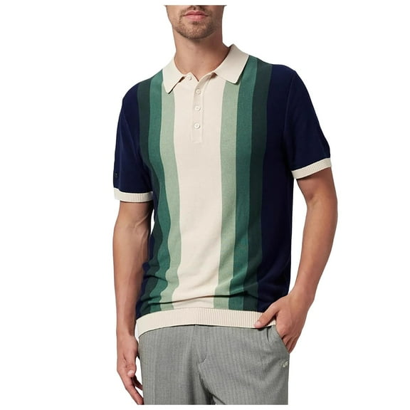 Afdoent Men's Polo Shirts Male Color Block Vertical Bar Knitted Casual Polo Shirt Knitted Top Casual Bussiness
