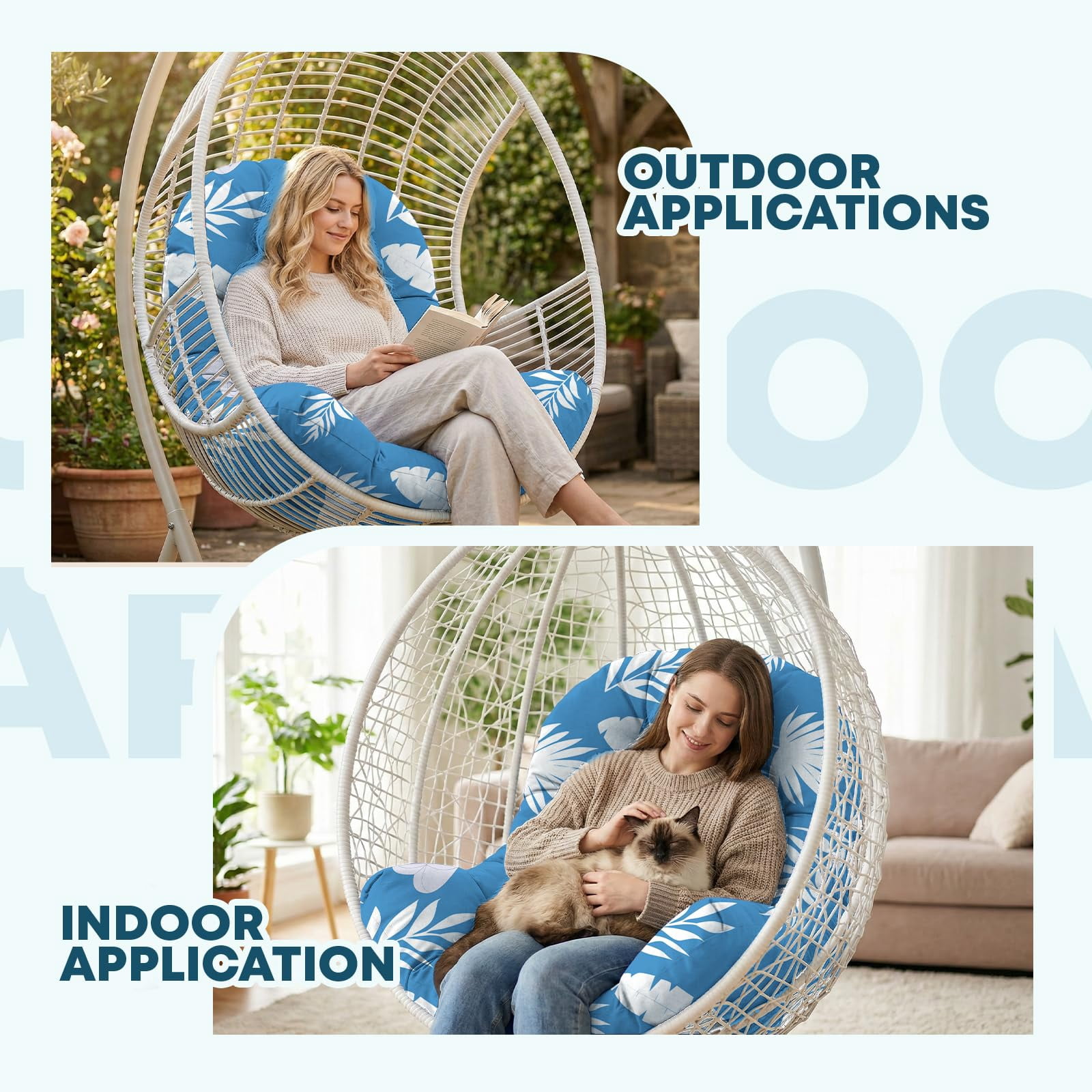 Waterproof Egg Chair Cushion Replacement Outdoor Hanging Egg Chair Cushion 47x35x7 Inches Thicken Couch Cushions with Ties, Blue Enchantress