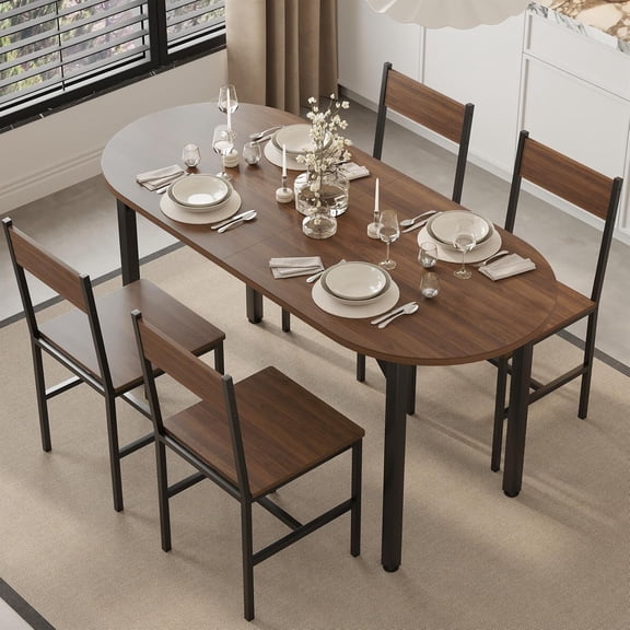 5-Piece Dining Table Set for 4, 63 Inch Oval Kitchen Table and 4 Chairs, Water-Resistant Surface, Steel Frame, Space-Saving Design,Brown