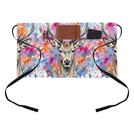 Stag Deer Head Kitchen Restaurant Half Waist Apron, Animal Boho Splatter Background Server Short Apron with 3 Pockets Waterproof Oil Waist Aprons for Women Waitress Waiter