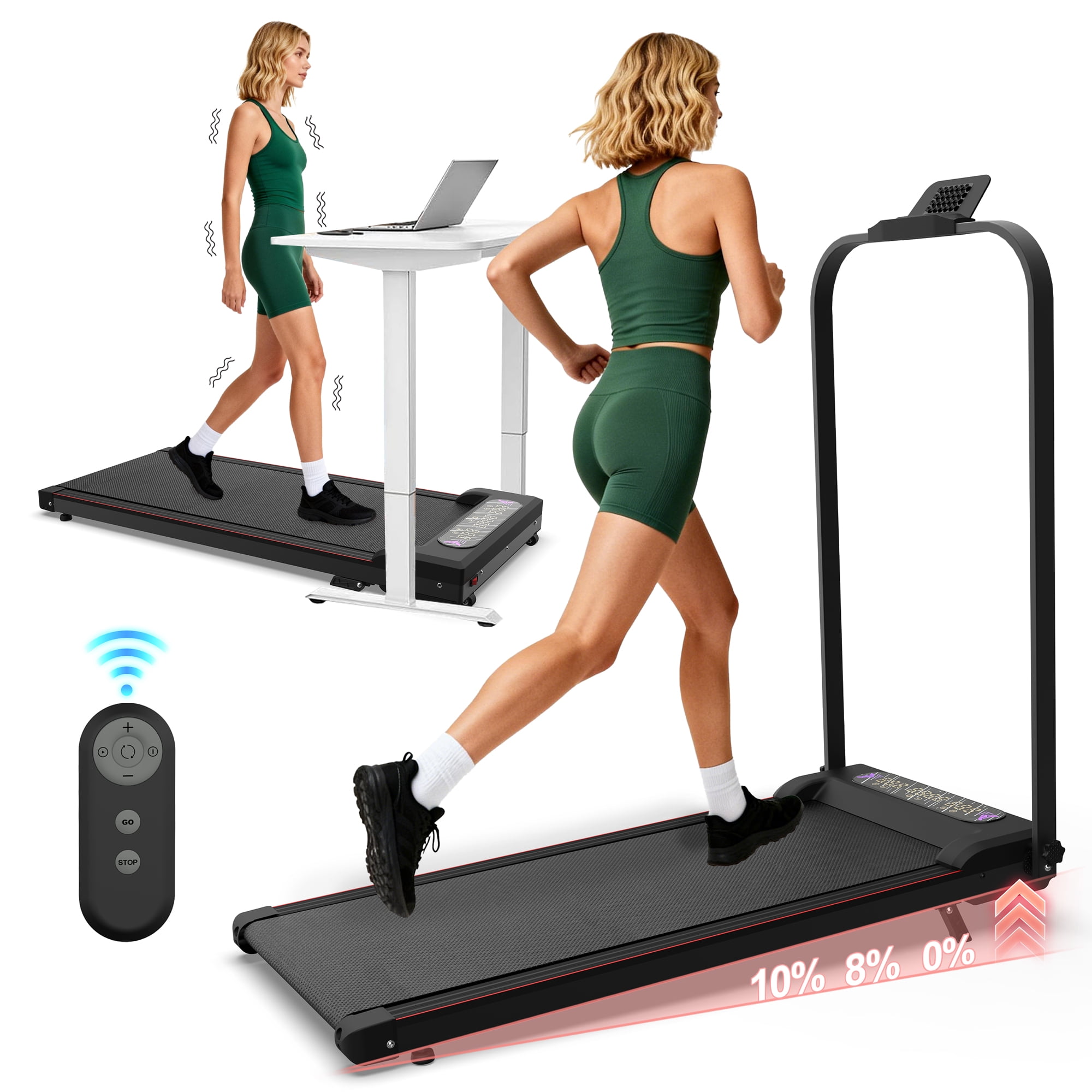 CZBZ Walking Pad Treadmill with Vibration Plate, 10% Incline, Handle Bar, 300LBS Capacity 3-in-1 Under Desk Treadmills for Home Office, Portable Foldable Jogging & Running Treadmill with Remote