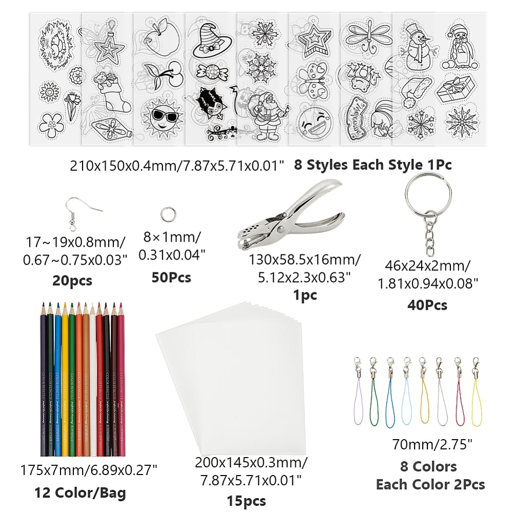DIY Plastic Heat Shrink Sheets Jewelry Sets Making Kits including Alloy Handheld Puncher Stainless Steel Tweezers & Rings Iron Earring Hooks & Rings Pencil Polyester String Mixed Color 200x145x0.3mm