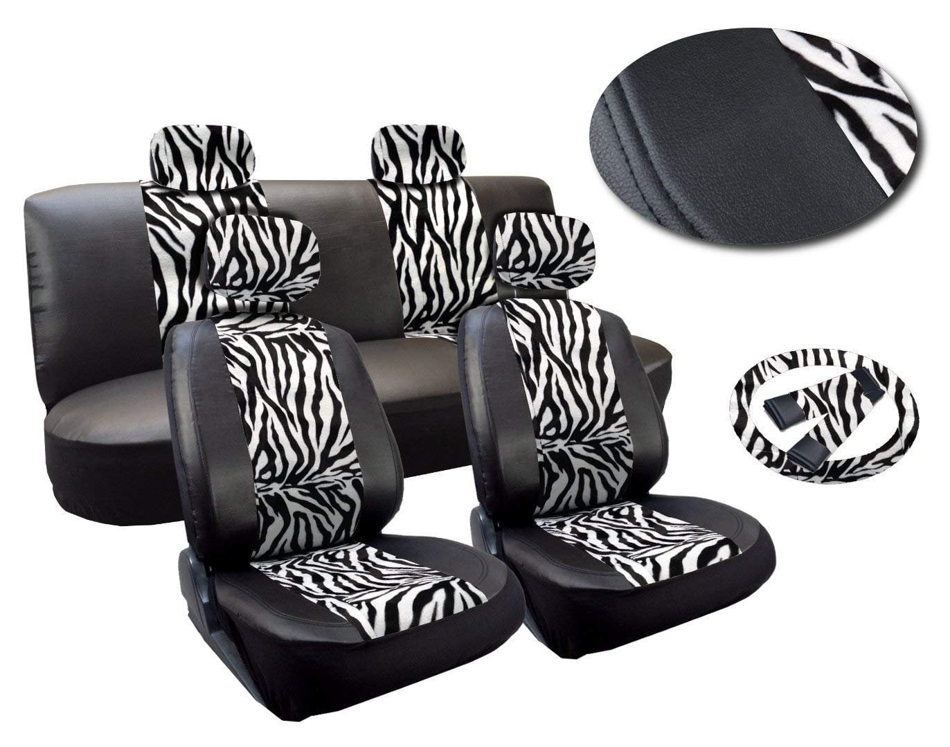 White Zebra Deluxe Leatherette 13pc Full Car Seat Cover Set Premium