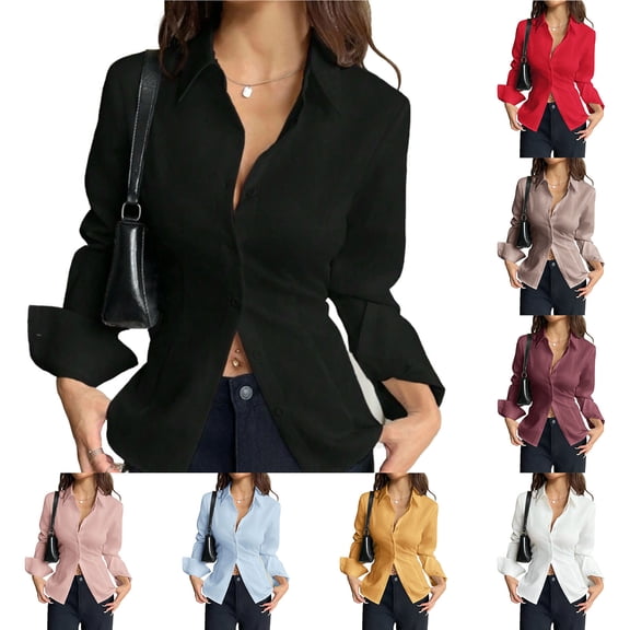 YanHoo Button Down Shirts for Women Wrinkle Free Long Sleeve Collared Dress Blouses Lace Up Back Casual Work Office Tunic Tops Pink,M
