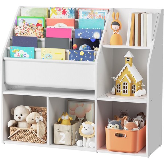 Kids Bookshelf and Toy Storage, Toy Storage Organizer with Bookshelf, Book Shelf for Kids Room, 5-Tier Sling Bookcase, for Kids Room, Living Room, Playroom, Nursery, White KBWT8201