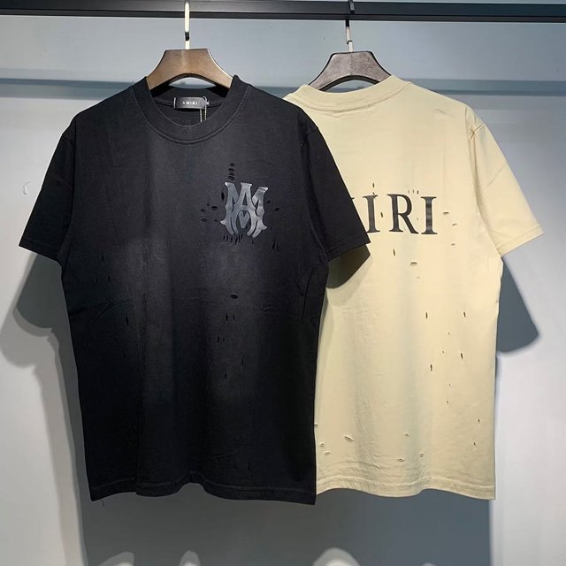 High Version Collection AMIRI T-shirt à Manches Courtes d'Été Imprimé Encre Fluide Éclaboussures Col Rond pour Hommes