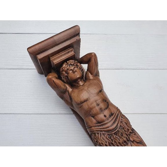 NAUTICALMARTUS Atlas Carved Wooden Corbel, Painted, Telamon, Decorative Carved Wooden Corbel, 1pc, Home Wall Embellishments, Wood Wall Art Decor