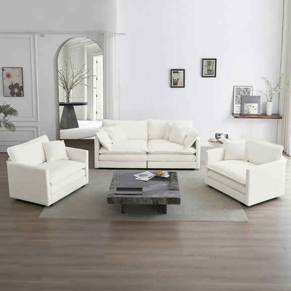 White Chenille Sofa Set with 2 Accent Chairs / Ideal for Casual Living Spaces