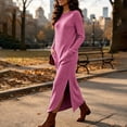 thumbnail image 4 of Ashirexll Casual Dresses for Women Winter Knit Long Sleeve Round Neck Solid Color Sweater Dress with Side Pockets and Side Slit Hem, 4 of 7