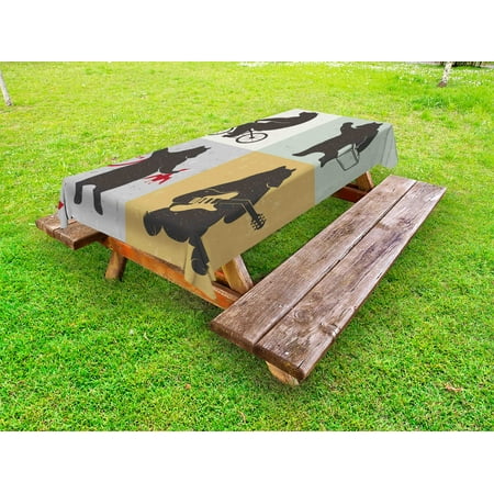 

Bear Outdoor Tablecloth Funny Frames in Drawing Style Mascot Hunter Biker Musician Travelling Grunge Display Decorative Washable Fabric Picnic Tablecloth 58 X 104 Inches Multicolor by Ambesonne