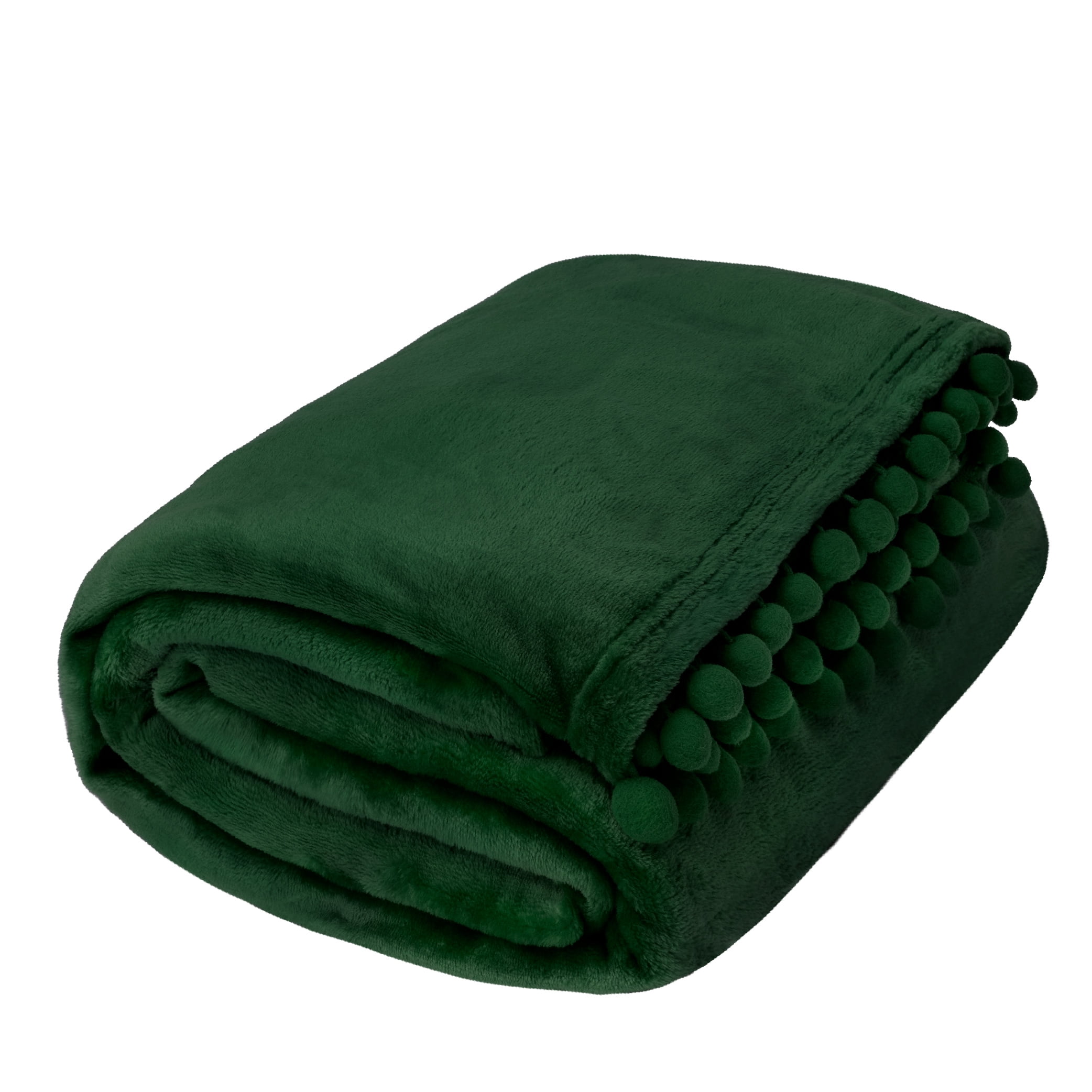 PAVILIA Fleece Throw Blanket for Couch with Pom Pom Fringe, Emerald Green, Soft Cozy Fuzzy Flannel Blanket for Sofa Bed, Large Lightweight Plush All Season Throw, 60x80 Inches