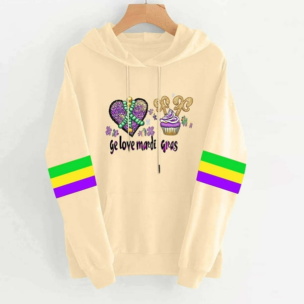 Uootdi Mardi Gras Womens Drawstring Hoodies for Women Carnival Crewneck Heart Print Hooded Long Sleeve Pullover Festive Color Block Loose Sweatshirts Gift