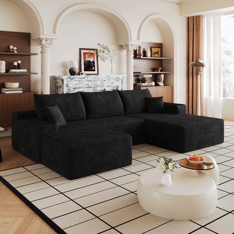 107" Cloud Sectional Sofa with Ottoman, Modern U-Shaped Modular Sofa, Deep Seat Upholstered Couch with Plush Corduroy Fabric, No Assembly Required, Comfort Corner Sofa for Living Room & Apartment