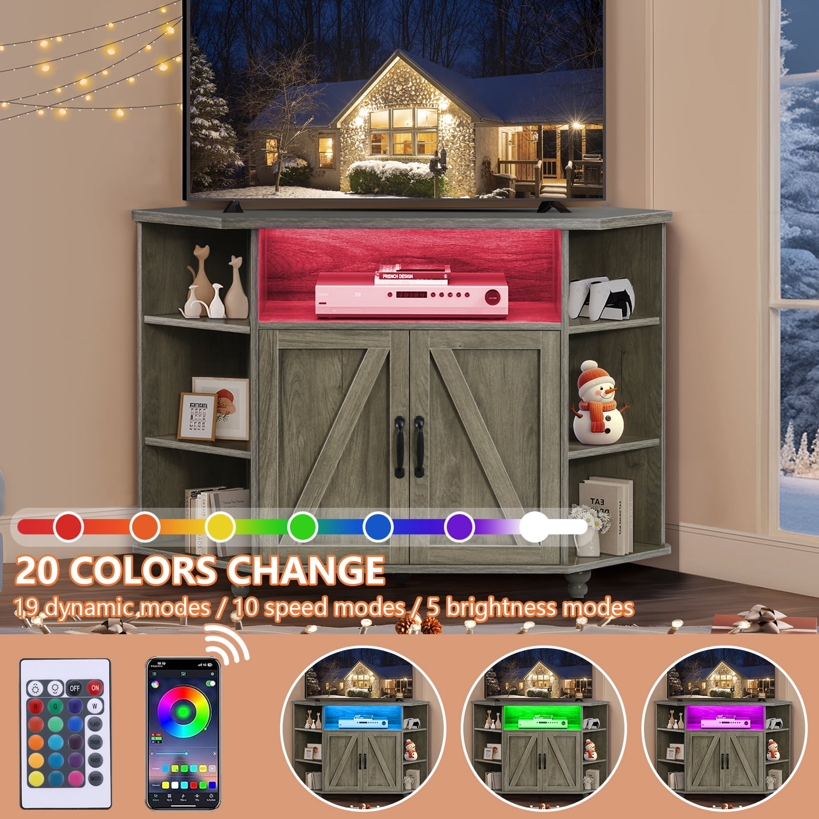 Corner TV Cabinet with LED Lights for 50 Inch TV, Adjustable Shelves, Farmhouse Barn Door Media Console with Storage & Cable Management,Grey