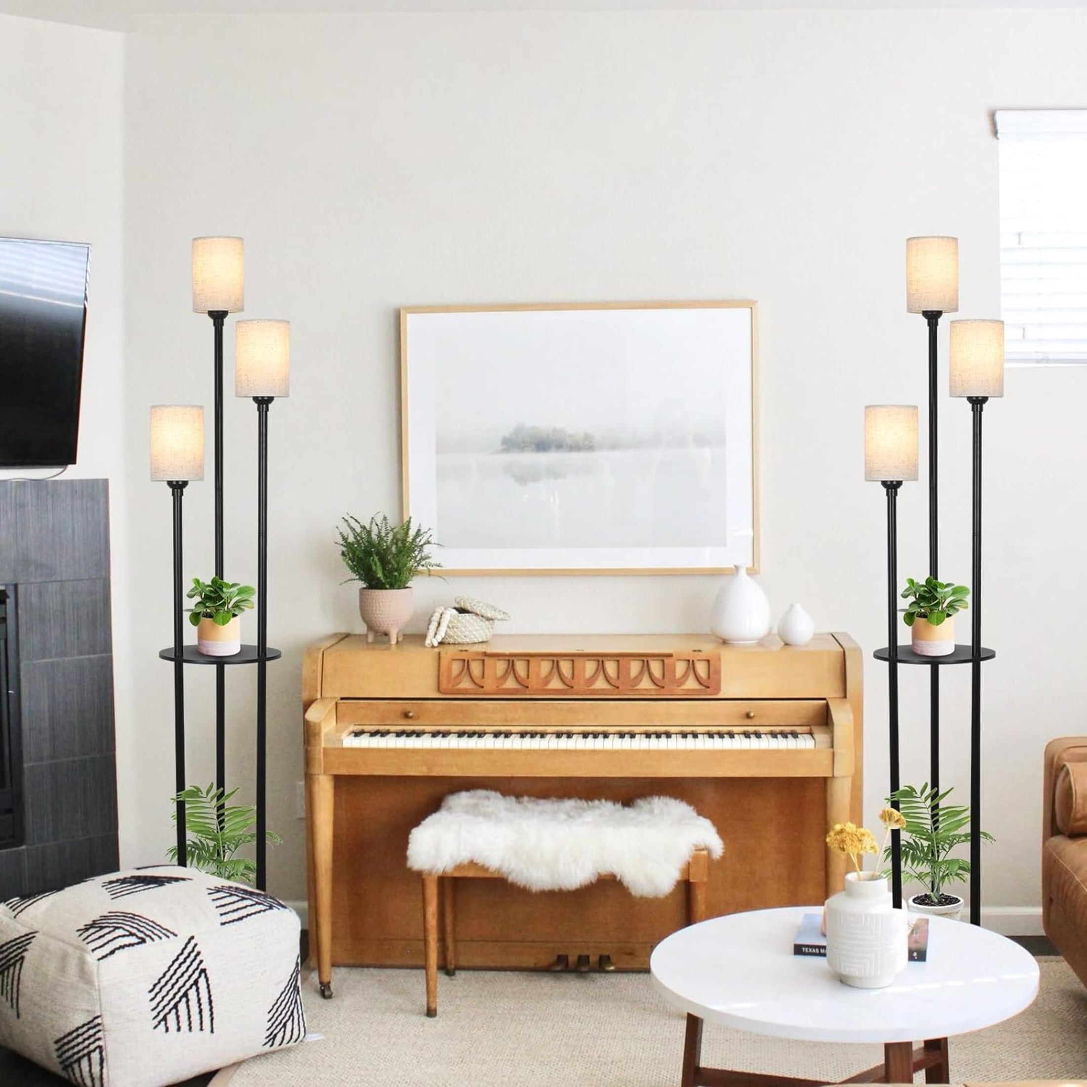 Noble House 3-Light Floor Lamp with Shelves, Black Industrial Tall Lamp with Linen Shades and Foot Switch, Black