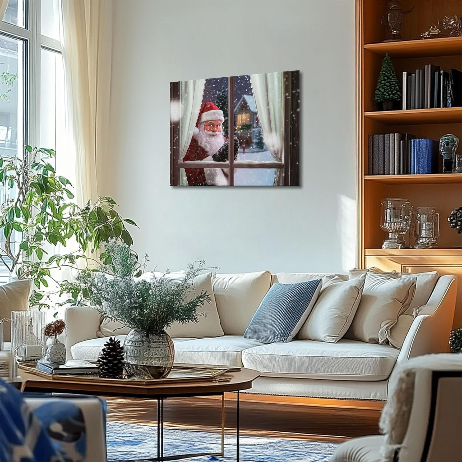 Christmas Santa Claus Peeking Through Window Canvas wall art decor, Cozy Winter Holiday Wall Art for Living Room, Bedroom or Office, Unique Christmas Gift for Family and Friends 16X20inch