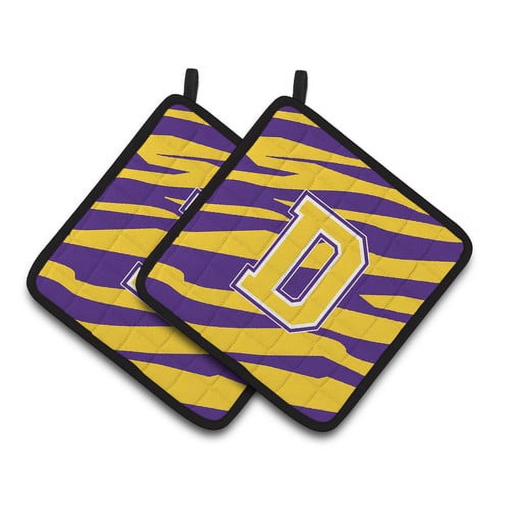 Letter U Monogram - Tiger Stripe - Purple Gold Pair of Pot Holders